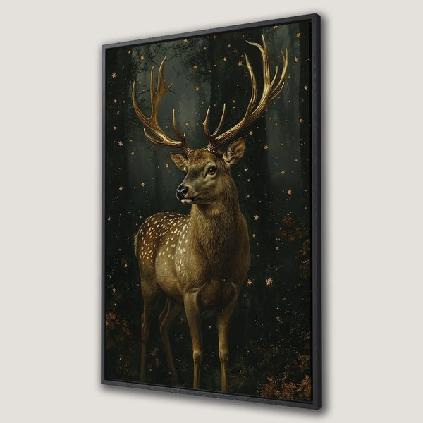 Framed Wall Art featuring a majestic deer with gold accents against a dark, starry backdrop. A stunning piece with a rich, warm color palette.