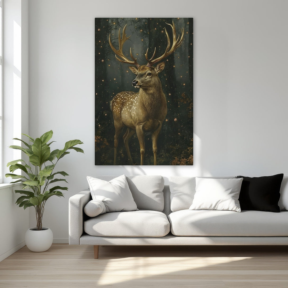 Framed Wall Art: Majestic deer canvas print in gold and black. Elegant artwork for your home. Shop now and elevate your decor!
