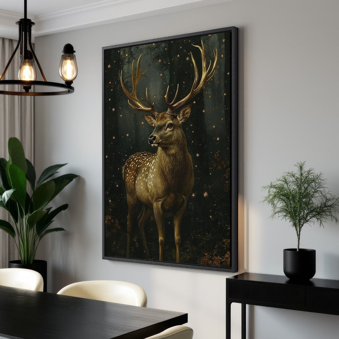 Framed Wall Art featuring a majestic deer with gold accents against a dark background. Elegant Canvas Print in a warm, neutral color palette. Perfect for home decor.