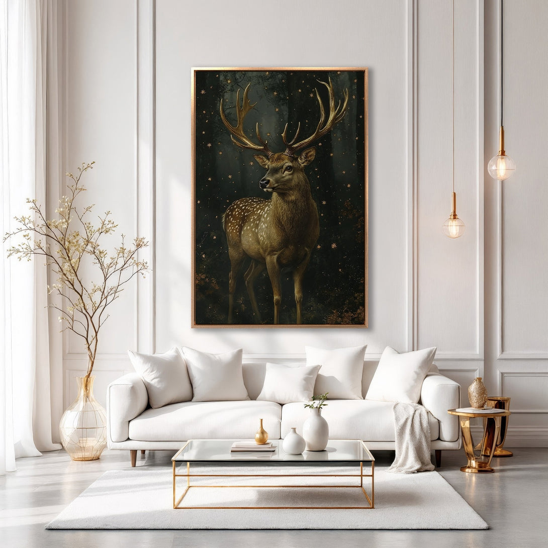 Framed Wall Art: Majestic deer in a gold and black color palette, perfect for adding a touch of elegance to your home decor. Shop now!