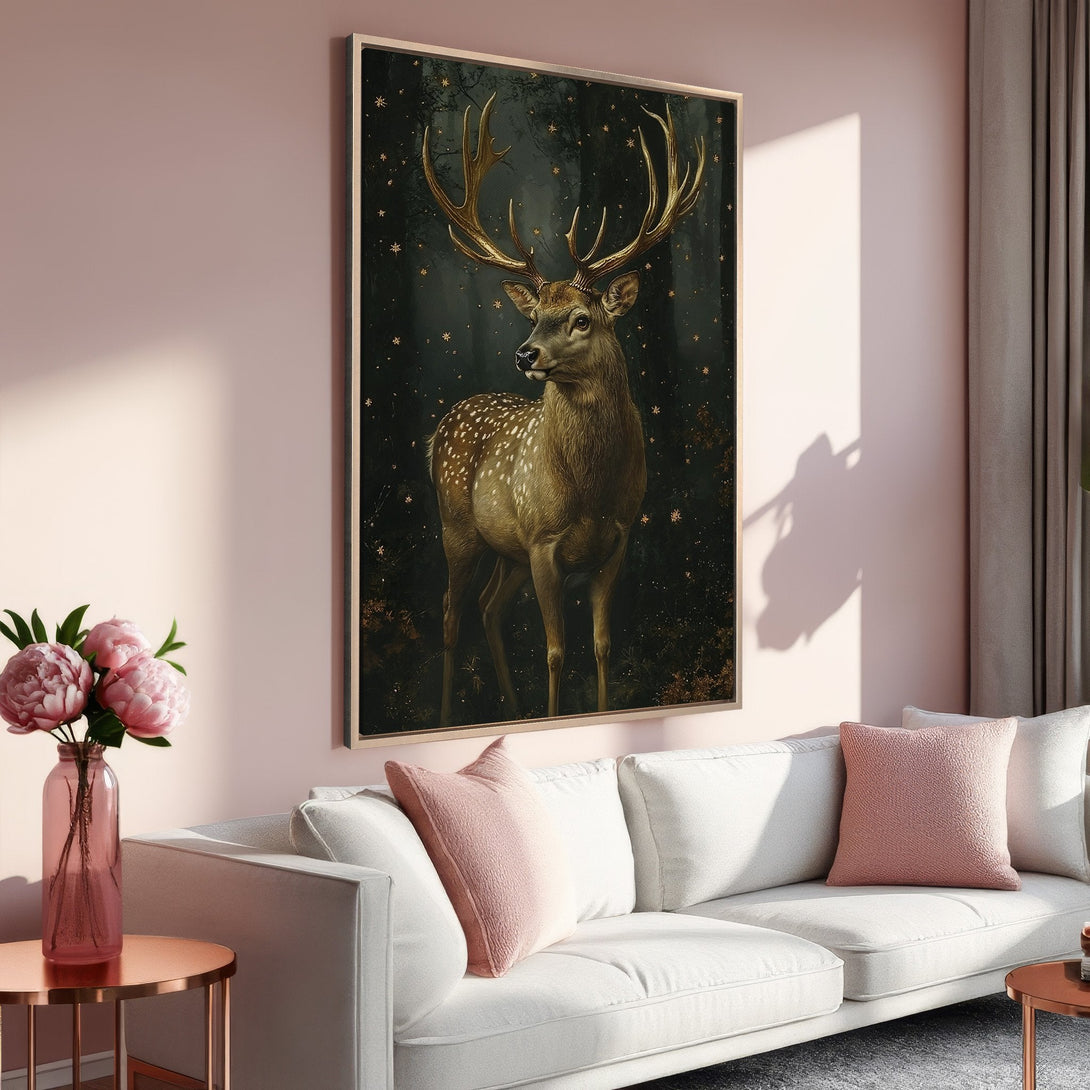 Framed Wall Art: Majestic deer canvas print in a dark, gold, and blush color palette. Perfect for adding elegance to your living room!