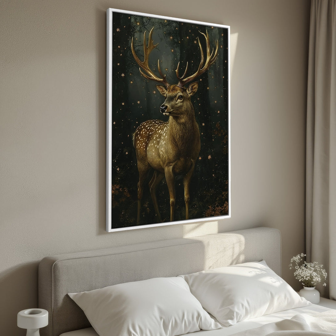 Framed Wall Art featuring a majestic stag in a dark, dreamy forest scene with gold accents. Perfect for adding a touch of elegance and warmth to your space.