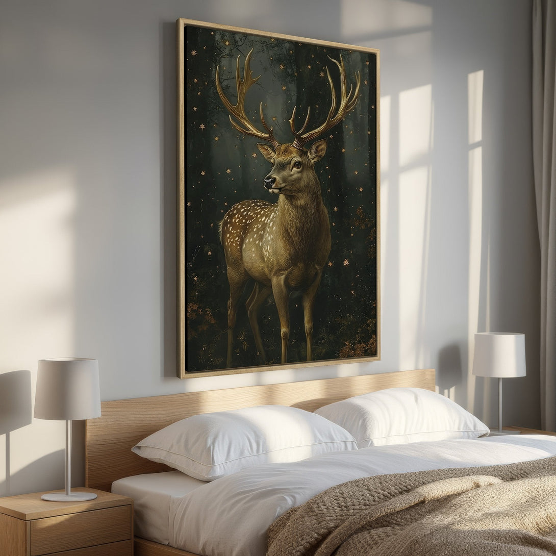 Framed Wall Art: Majestic stag canvas print with gold accents on a dark background. Adds a touch of elegance to any bedroom. Earthy tones and a touch of sparkle.