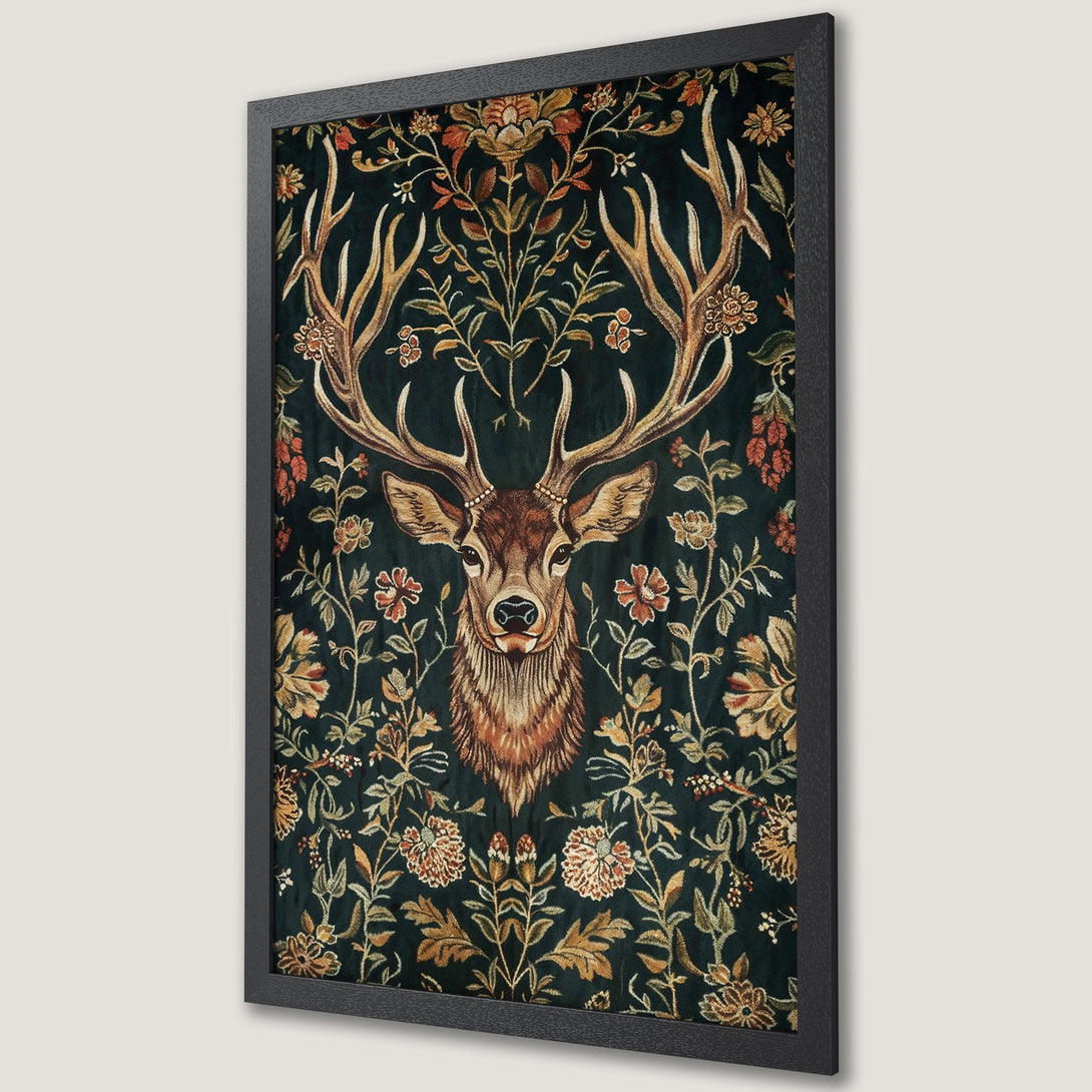 Framed Poster featuring a majestic stag head with floral details in a vintage style, rich green and warm earth-tone color palette.
