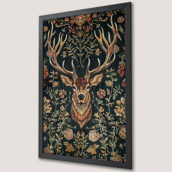 Framed Poster featuring a majestic stag head with floral details in a vintage style, rich green and warm earth-tone color palette.