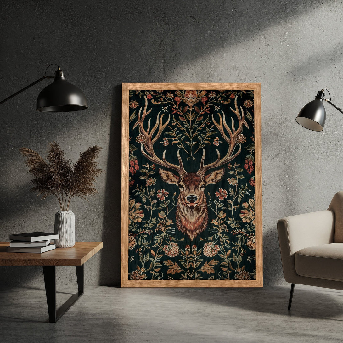 Framed Poster featuring a majestic stag in a floral tapestry style, with a dark green and earthy color palette. Add a touch of nature to your decor!