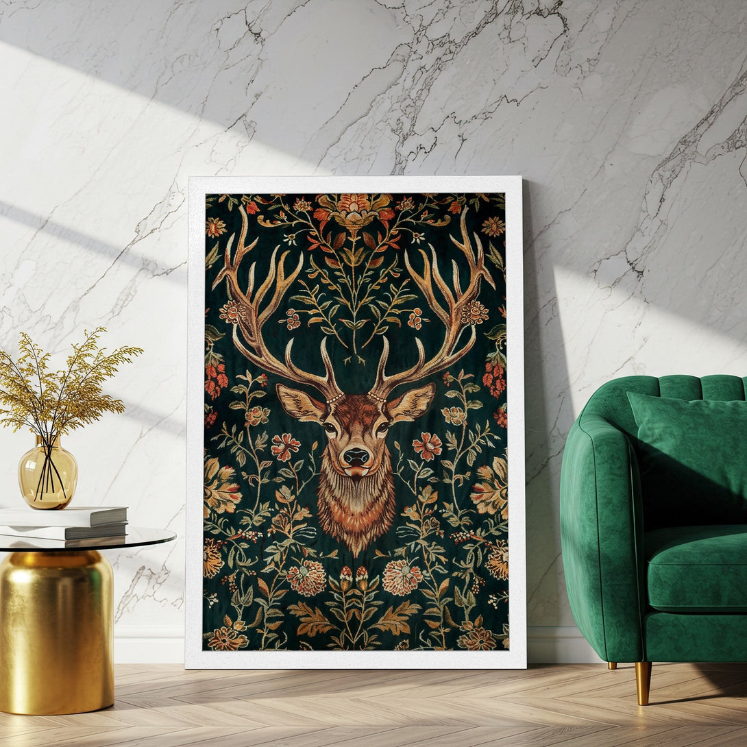 Framed Poster featuring a majestic stag in a floral tapestry style. Rich jewel tones of green, gold, and brown create a luxurious aesthetic.