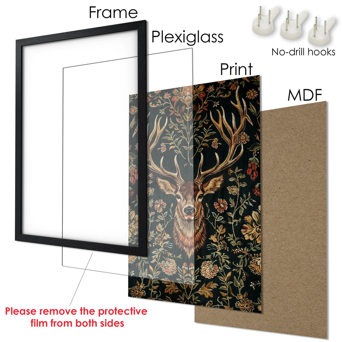 Framed Poster featuring a majestic stag illustration in a dark, floral style with a warm color palette. Perfect wall art for your home!