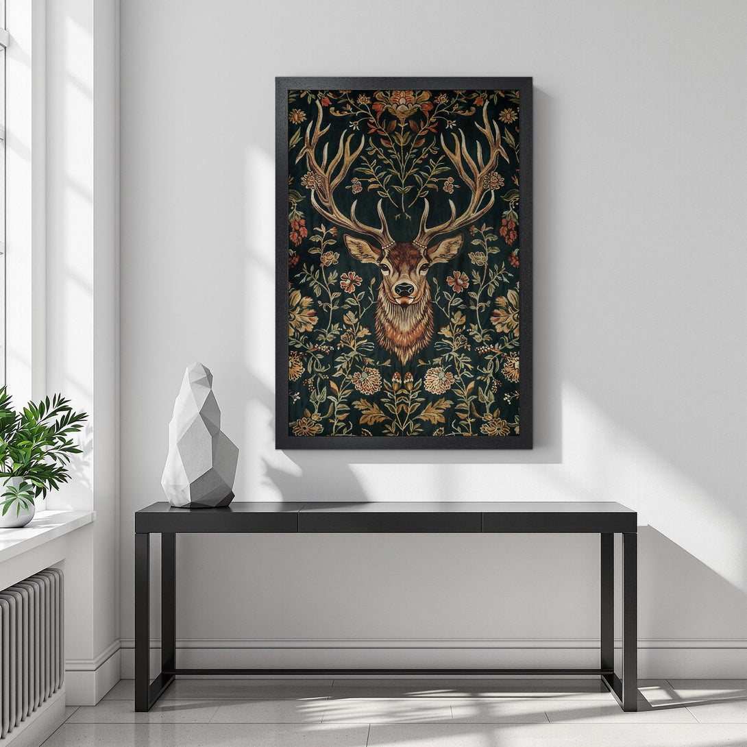 Framed Poster featuring a majestic stag with floral details in a dark, elegant style. Earthy tones create a warm, inviting aesthetic.