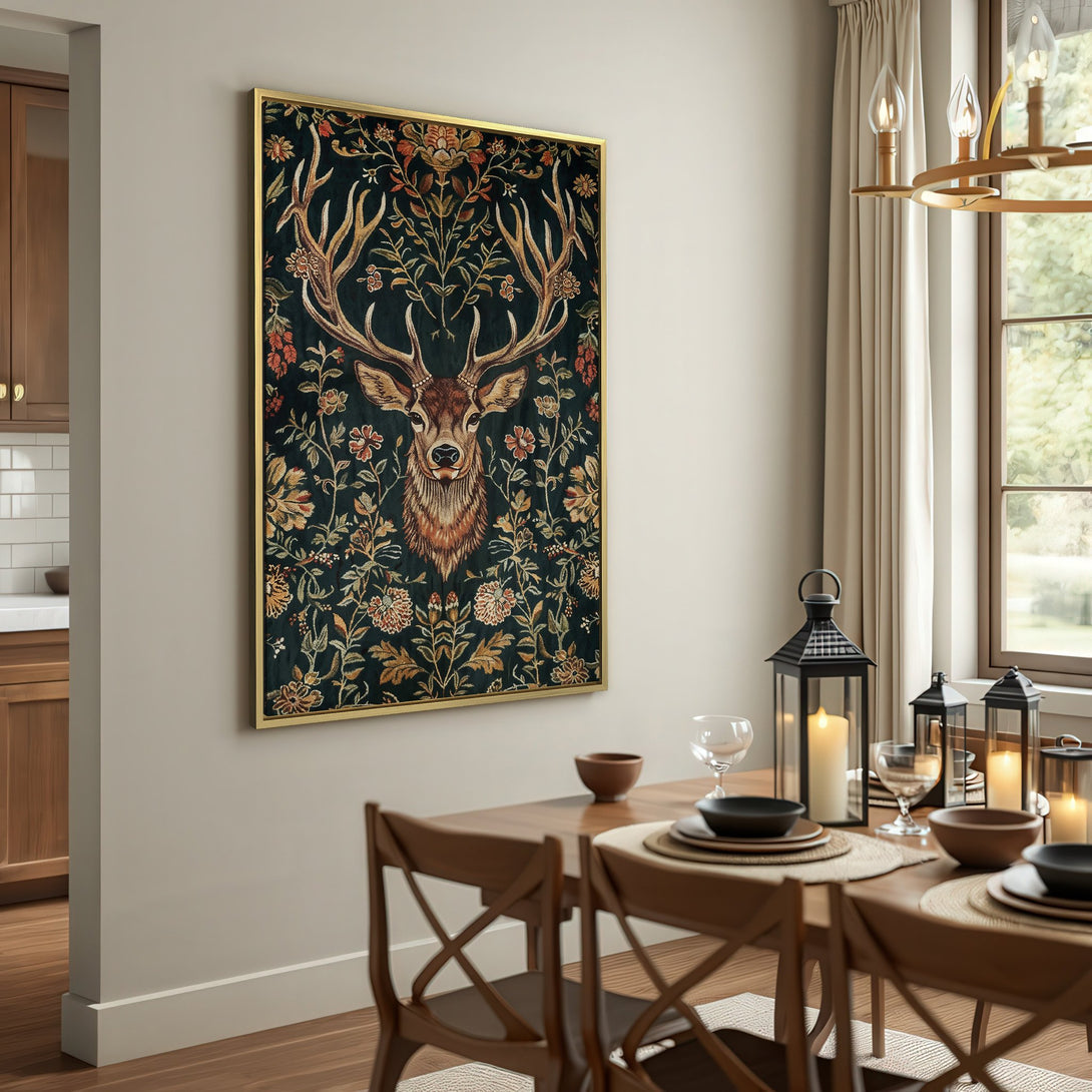 Canvas Print featuring a stag in a floral design, with a dark, earthy color palette. Perfect for rustic home decor.