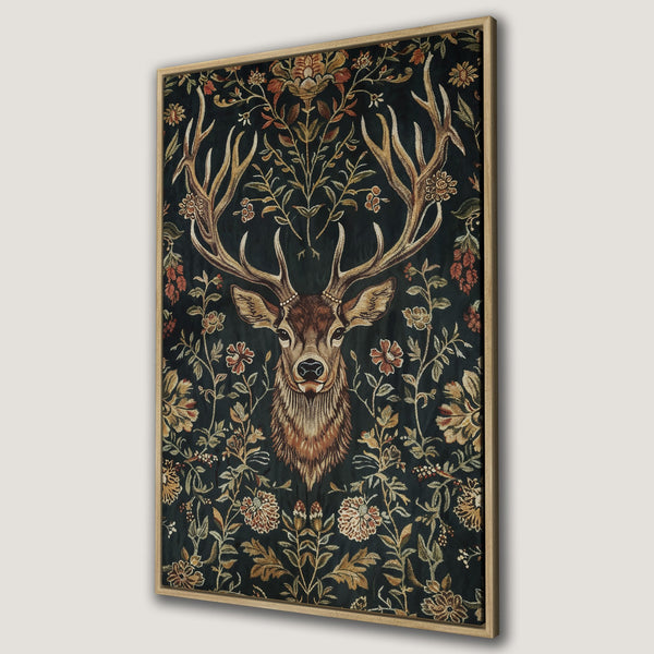 Framed Wall Art featuring a majestic stag head surrounded by floral elements. Dark, moody color palette with warm gold and rust accents. Perfect for adding elegance.