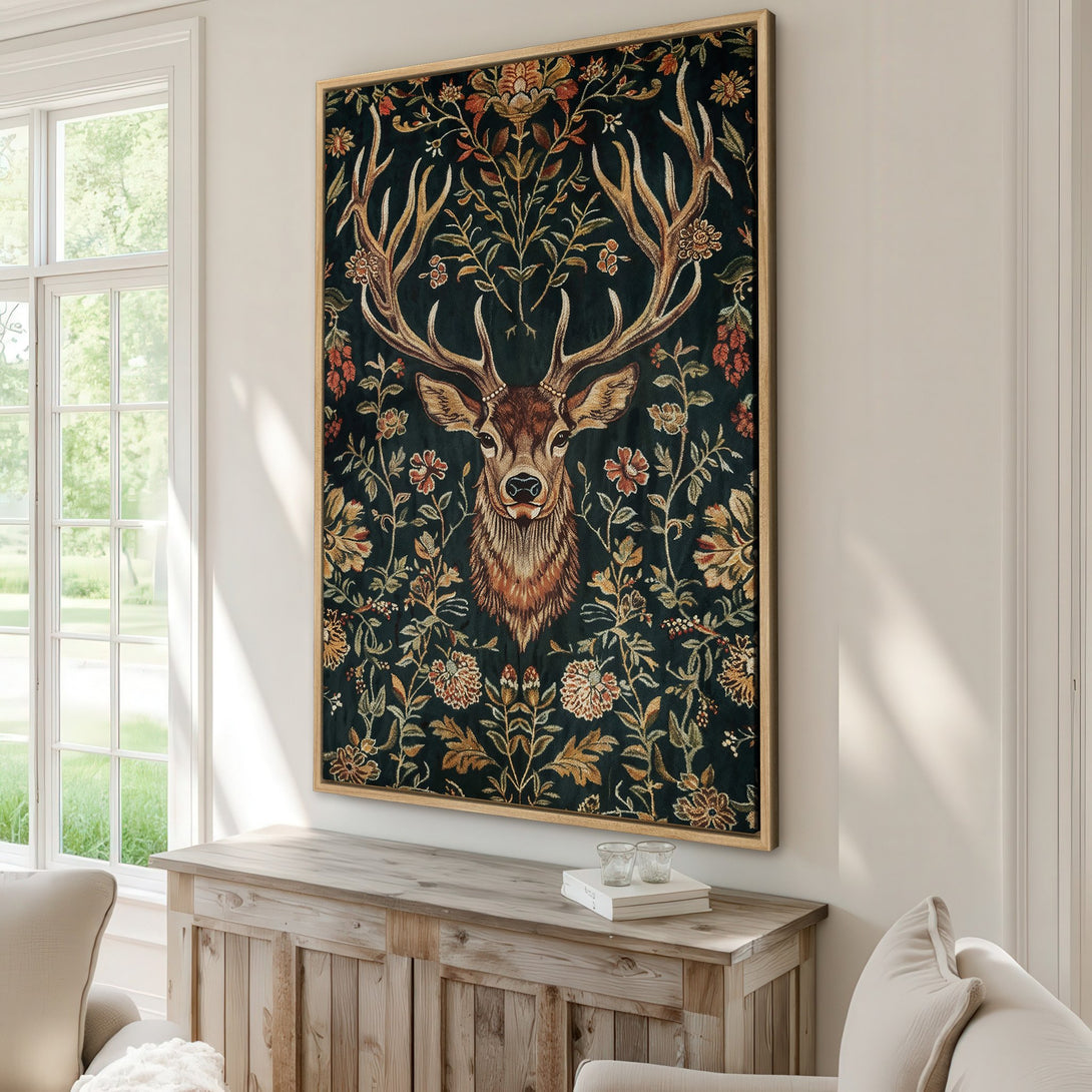 Framed Wall Art featuring a majestic stag in a floral tapestry design. Dark green and warm earth tones create a cozy, vintage aesthetic. Elevate your home decor!