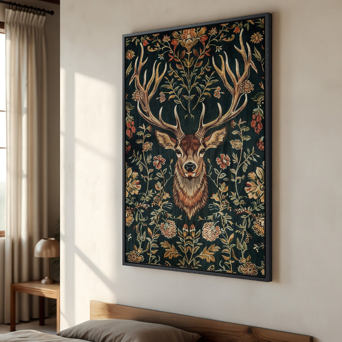 Framed Wall Art: Majestic stag canvas print in a vintage style with a dark green, gold, and rust color palette. Perfect for adding a touch of elegance.
