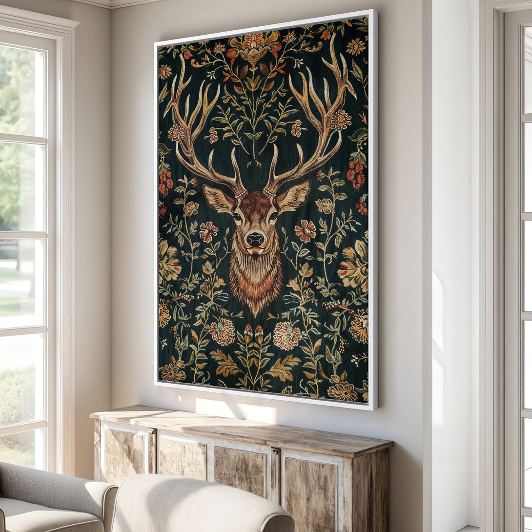 Framed Wall Art featuring a majestic stag in a floral tapestry design. Earthy tones of green, gold, and rust create a warm, inviting aesthetic.
