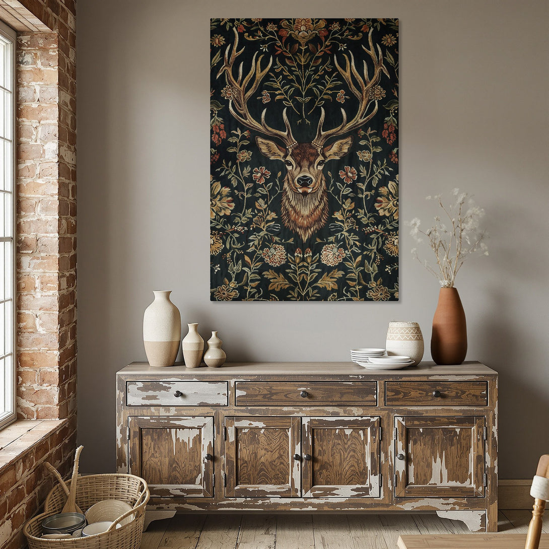 Framed Wall Art: Majestic stag Canvas Print in a dark floral design. Elegant decor with a rich, earthy color palette, perfect for dining rooms.