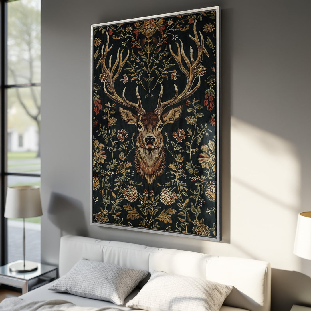 Framed Wall Art: Majestic stag canvas print in a dark, floral style with a rich, earthy color palette. Perfect for adding a touch of nature to your home decor.