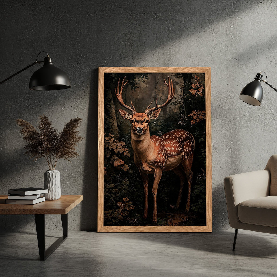 Framed Poster of a majestic deer in a forest setting. Dark, moody style with earthy tones and natural color palette. Perfect wall art!
