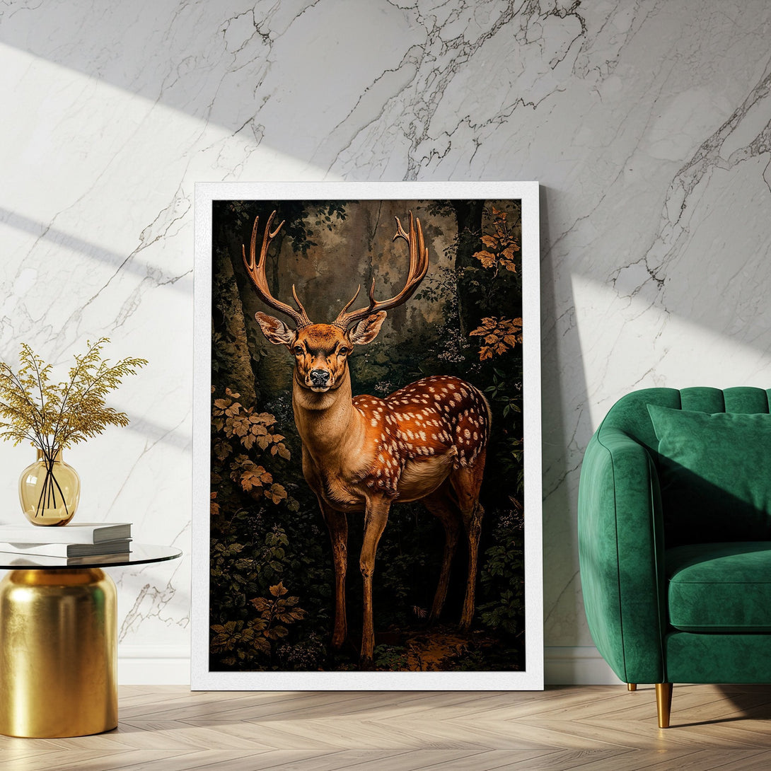 Framed Poster featuring a majestic deer in a forest scene. Earthy tones and rich greens create a stunning, vintage-inspired artwork. Add nature to your home!