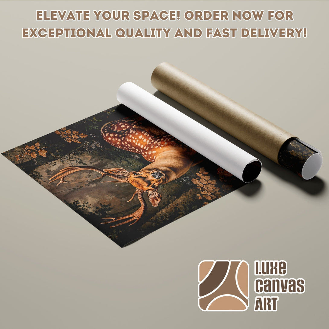 Poster Roll featuring a deer in a forest scene, warm earthy tones. Elevate your space with this stunning art print! Order now!