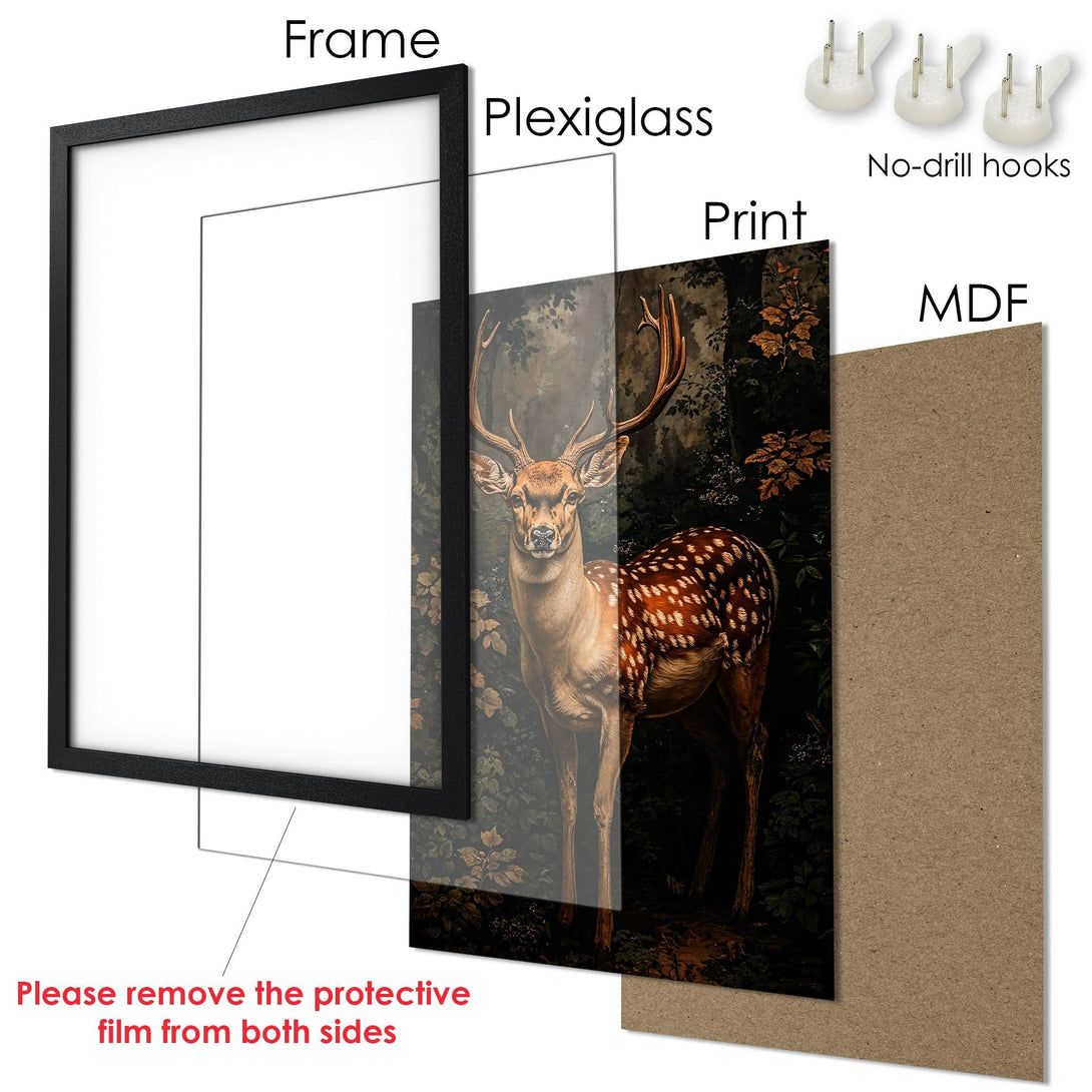 Framed Poster featuring a majestic deer in a forest setting. Warm, earthy tones and a classic art style. Perfect wall decor!