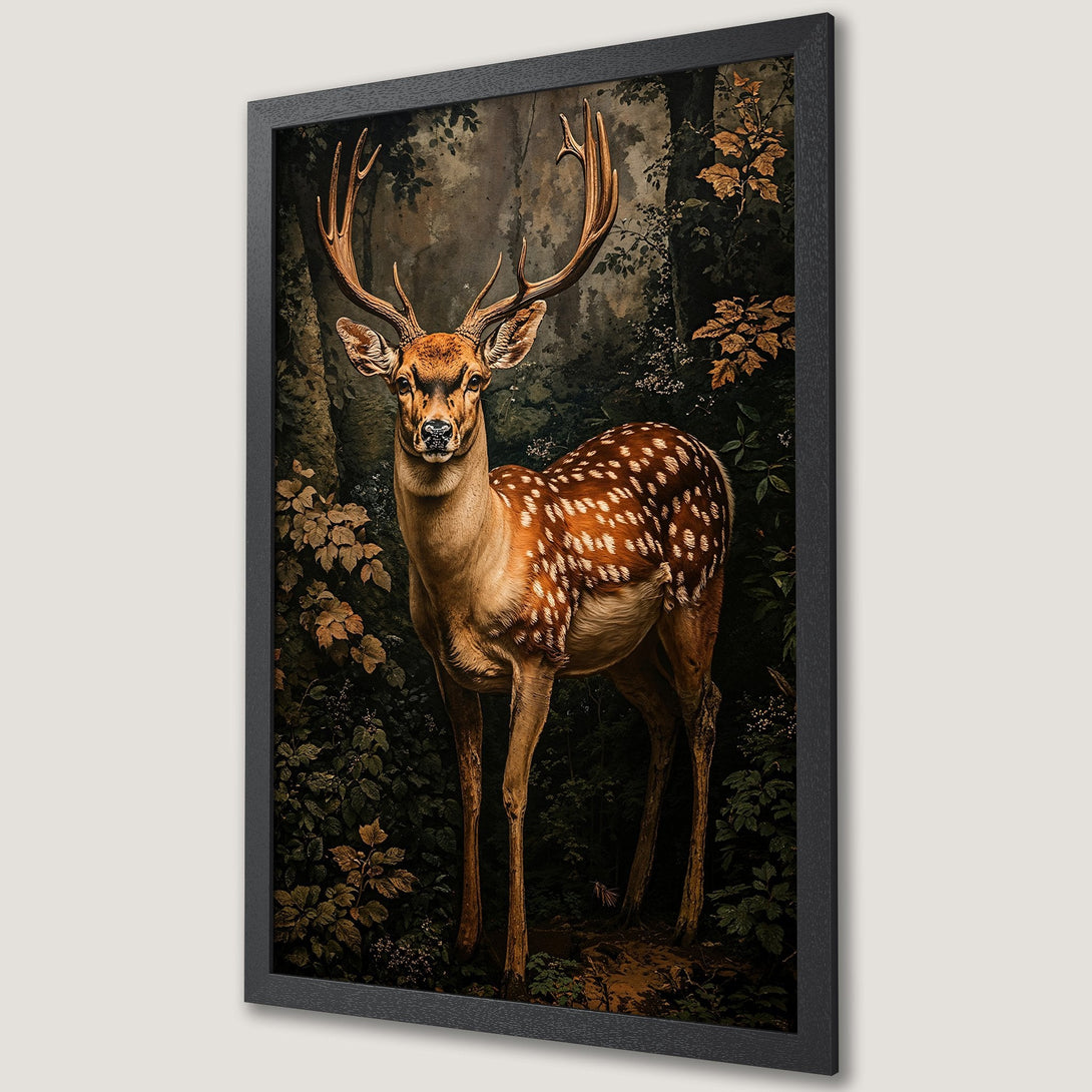 Framed Poster featuring a majestic deer in a forest scene. Rustic style with warm brown, green, and gold tones. Perfect wall art!