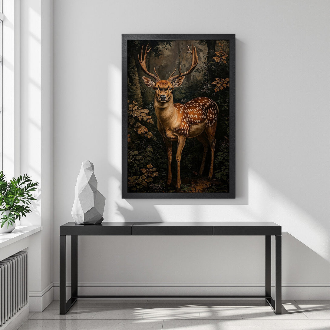 Framed Poster featuring a majestic deer in a forest scene. Earthy tones and vintage style create a stunning wall art piece.