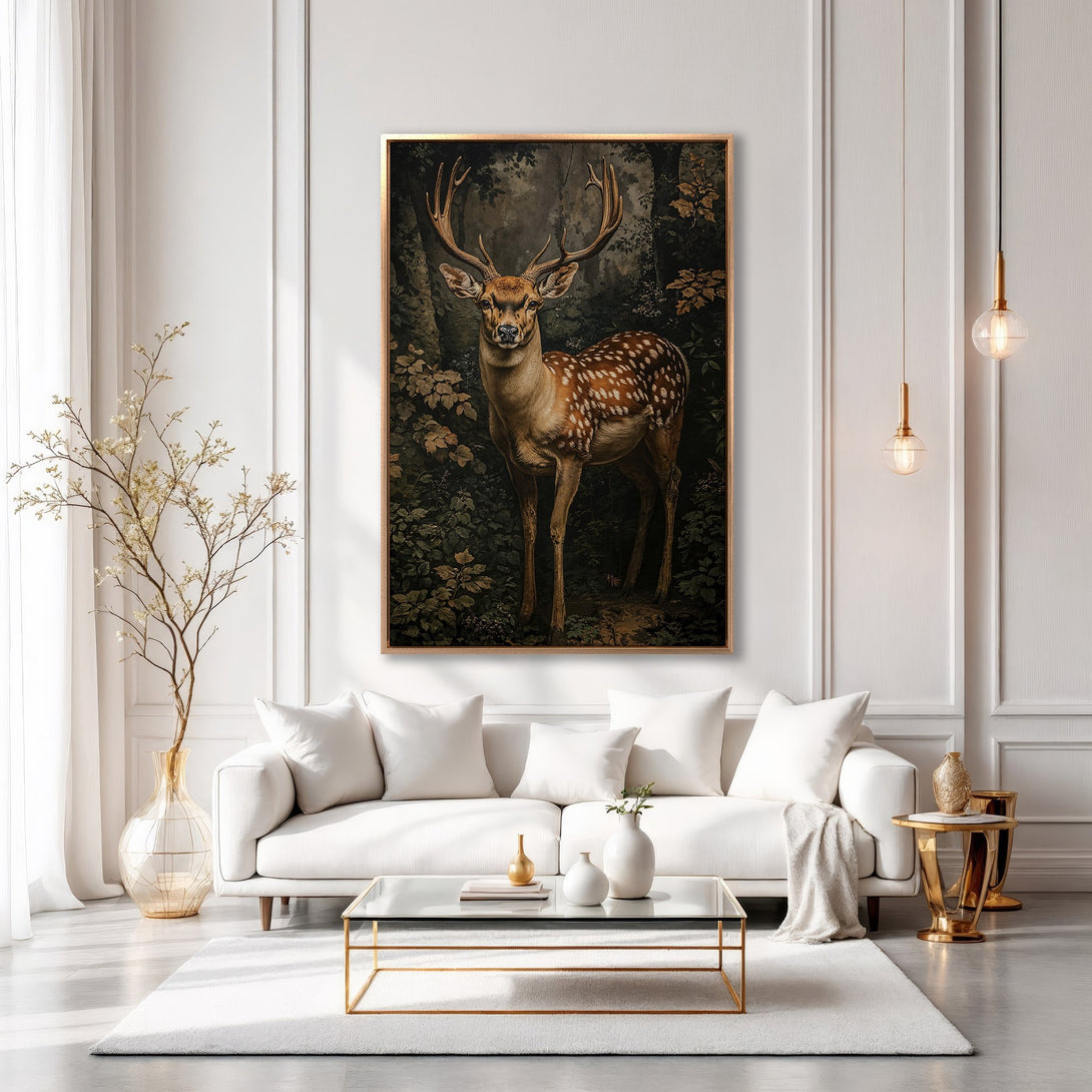 Framed Wall Art: Elegant deer portrait in a forest setting. Earthy tones with gold frame. Perfect for living room decor.