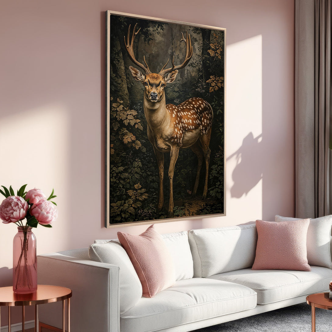 Framed Wall Art: Majestic deer print in a forest scene, featuring a warm color palette. Perfect for adding a touch of nature to your home decor.