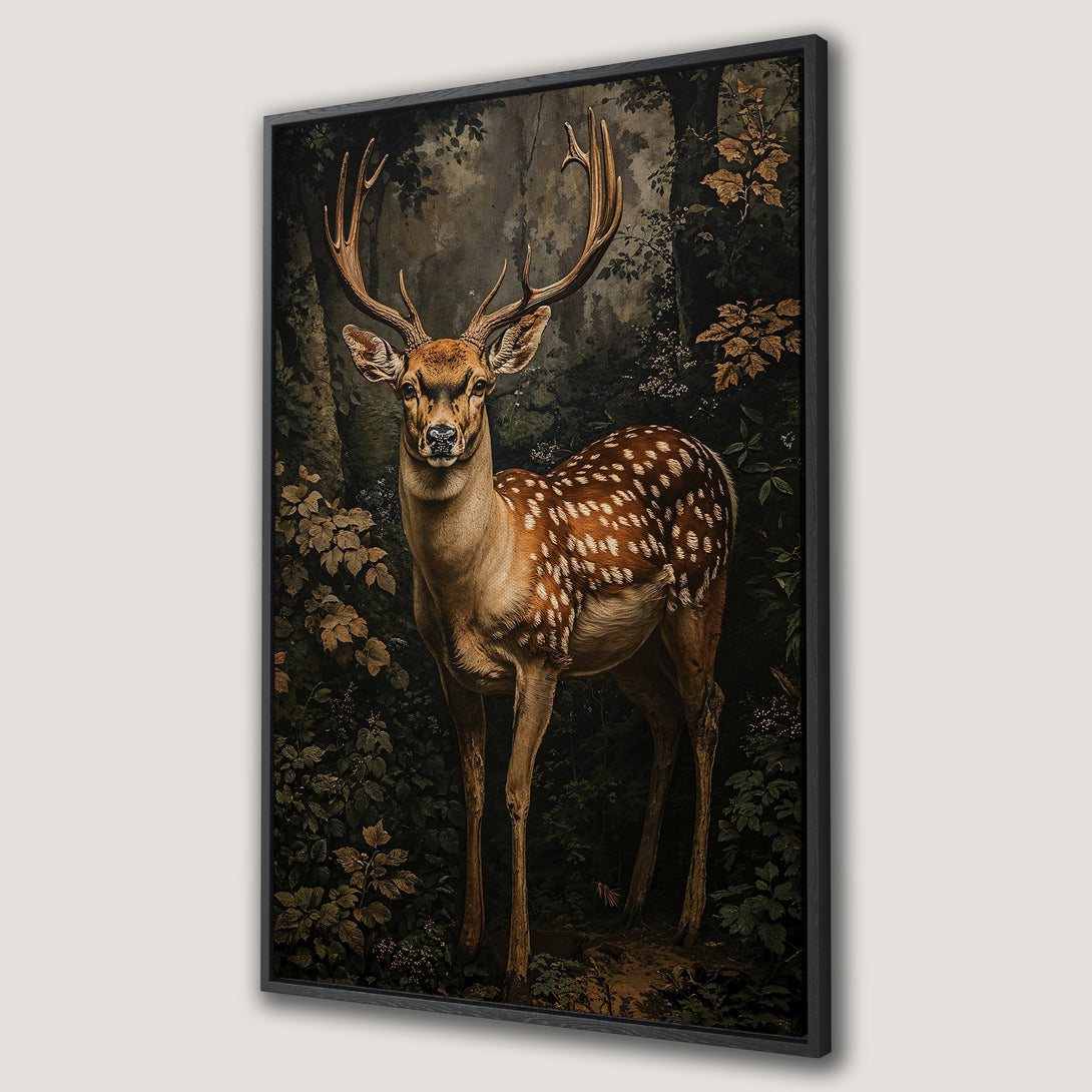 Framed Wall Art featuring a majestic deer in a forest scene. Vintage style with a warm, earthy color palette. Perfect for adding a touch of nature to your home.