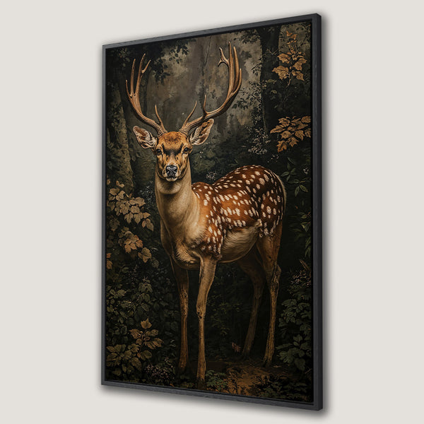 Framed Wall Art featuring a majestic deer in a forest scene. Vintage style with a warm, earthy color palette. Perfect for adding a touch of nature to your home.