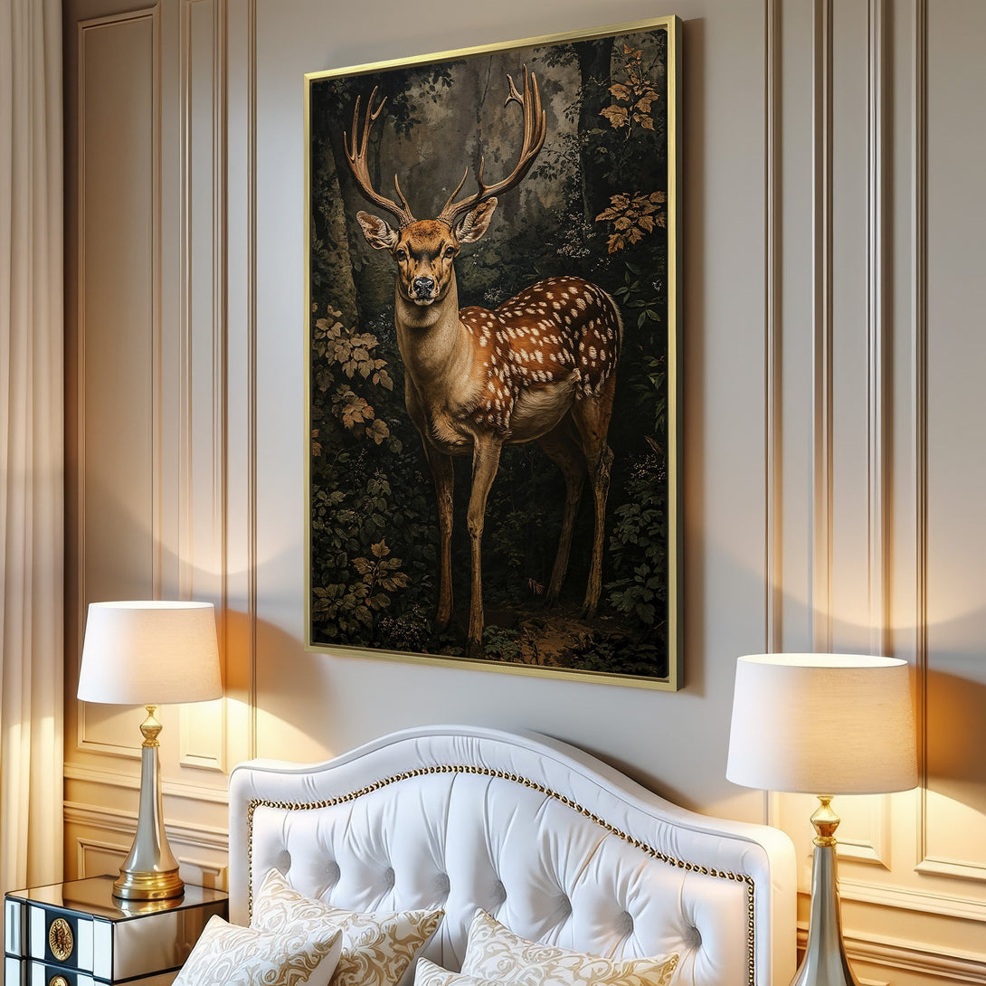 Canvas Print featuring a majestic deer in a forest scene. Vintage style, warm earth tone color palette. Perfect framed wall art for any home.