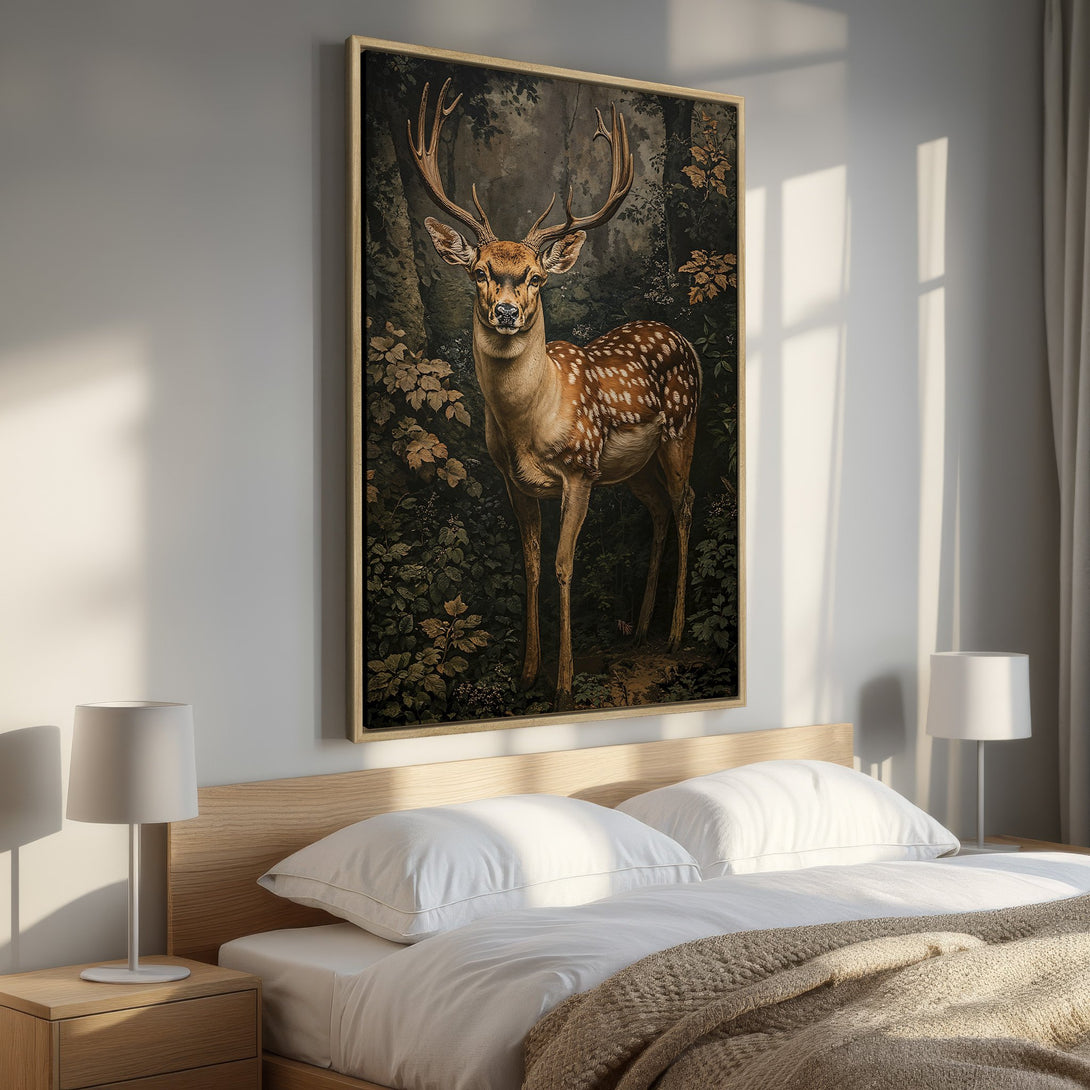 Framed Wall Art: Majestic deer in a forest scene. Earthy tones and rich greens create a serene, nature-inspired aesthetic. Perfect for bedroom decor.
