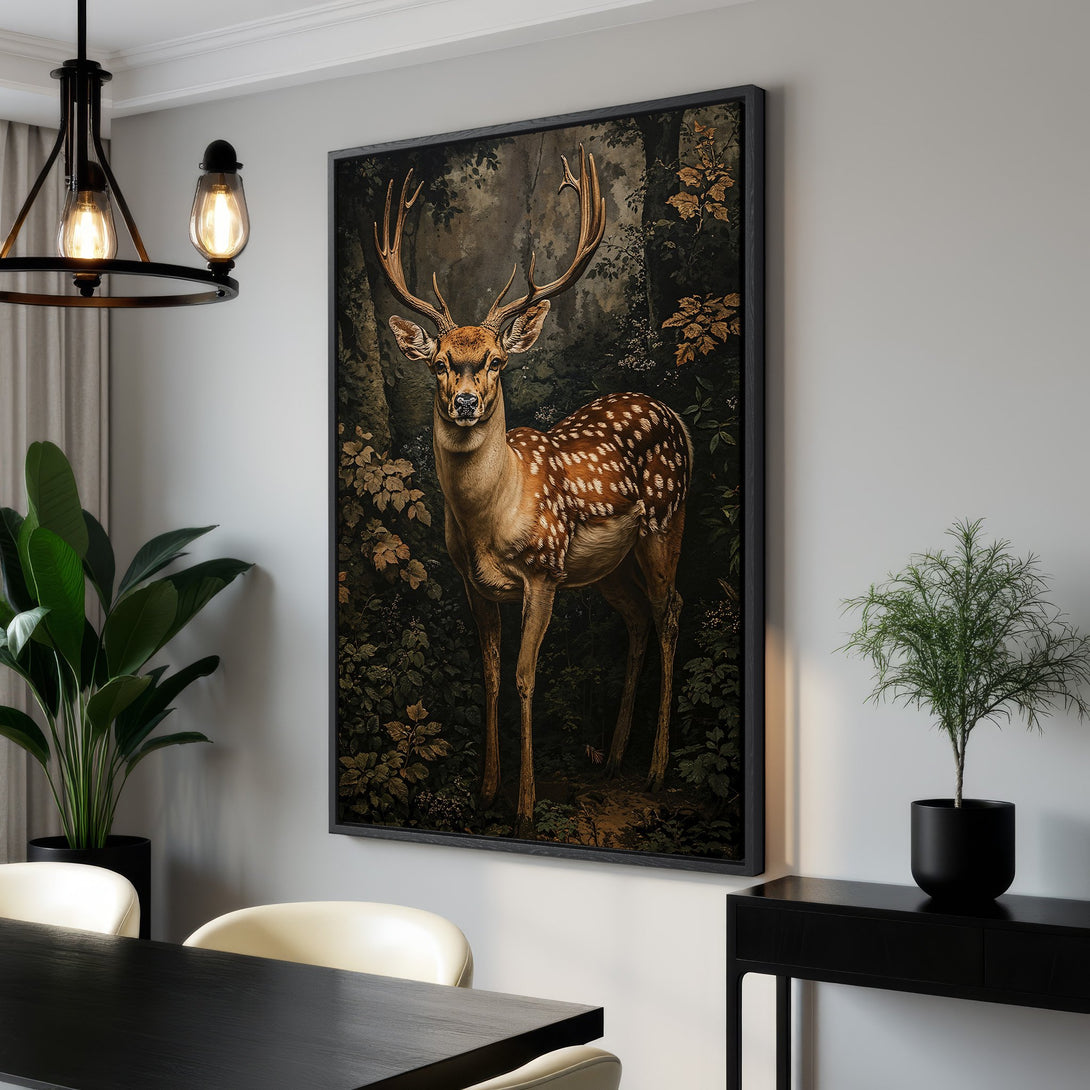 Framed Wall Art: Majestic deer in a forest scene. Vintage style with a dark, earthy color palette. Perfect for adding a touch of nature to your space.