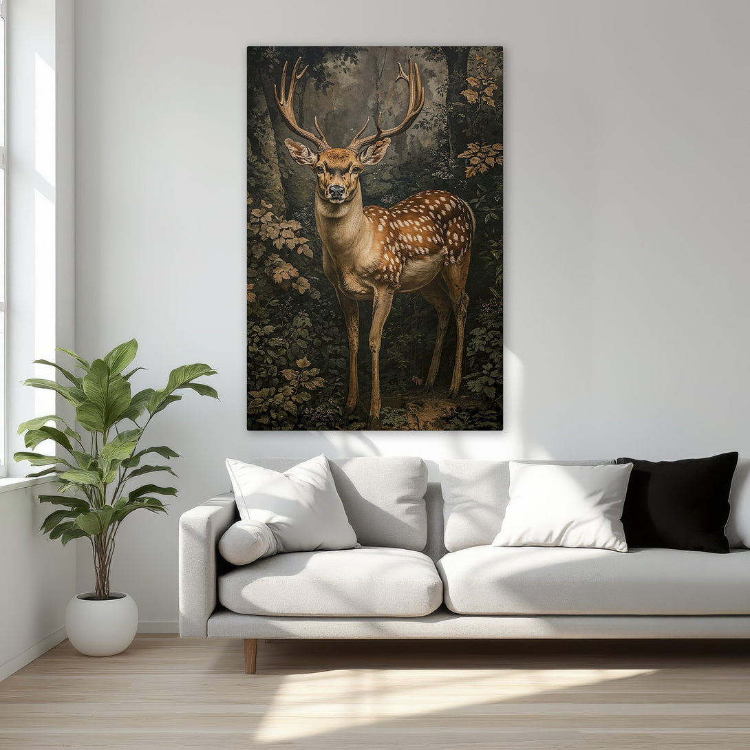 Framed Wall Art: Majestic deer canvas print in a forest setting. Earthy tones and elegant gold frame add a touch of nature & luxury to your home decor.