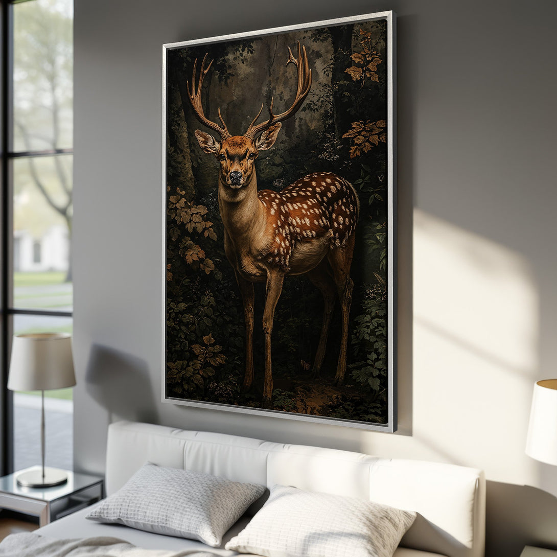 Framed Wall Art featuring a majestic deer in a forest scene. Rich, earthy tones and a vintage style create a stunning focal point for any room.