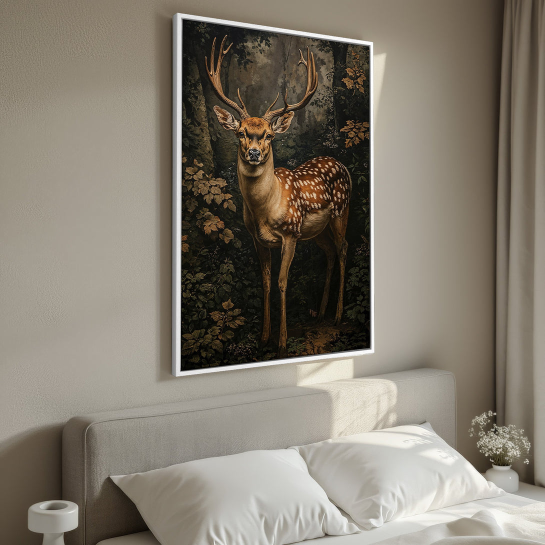 Framed Wall Art: Majestic deer in a forest scene. Earthy tones of brown, green, and gold create a warm, inviting atmosphere. Perfect for adding a touch of nature.