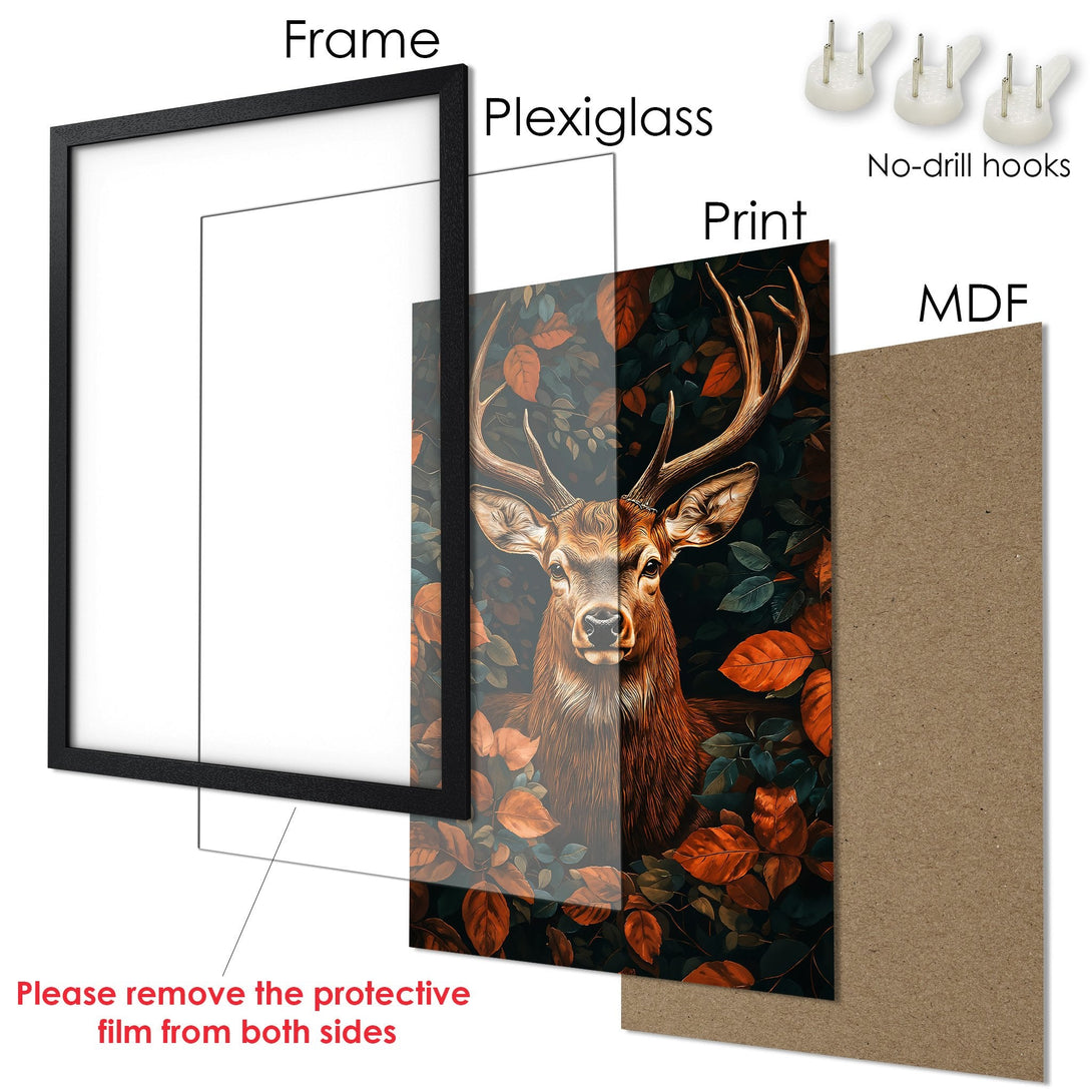 Framed Poster featuring a majestic deer in a warm, autumnal color palette. Perfect wall art for your home!