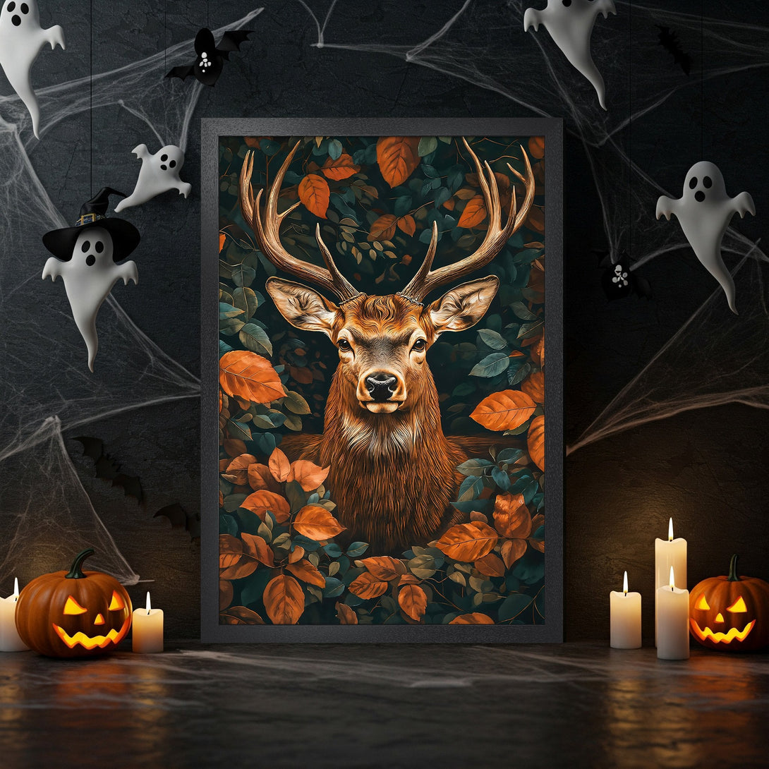 Framed Poster featuring a majestic deer in autumn leaves. Dark, moody style with warm orange and green tones. Perfect Halloween decor!
