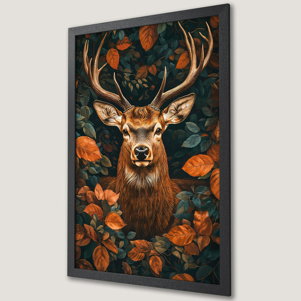 Framed Poster featuring a majestic deer in autumn leaves. Warm orange, brown, and green color palette. Perfect for nature lovers and home decor.