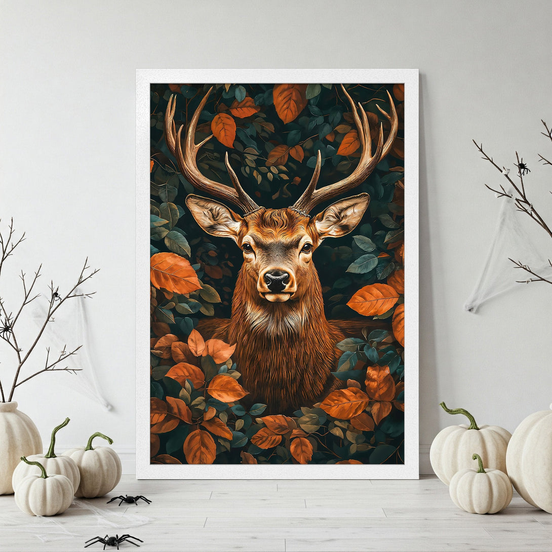 Framed Poster featuring a majestic deer surrounded by autumn leaves. Warm, earthy tones and artistic style. Perfect fall decor!