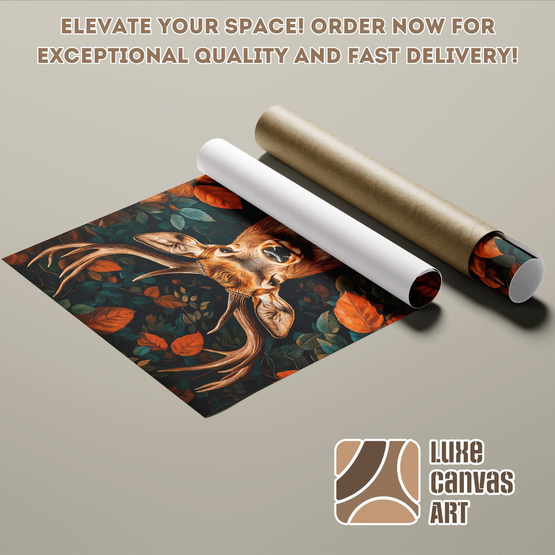 Deer Poster Roll with autumn leaves, dark and warm color palette, perfect for home decor.