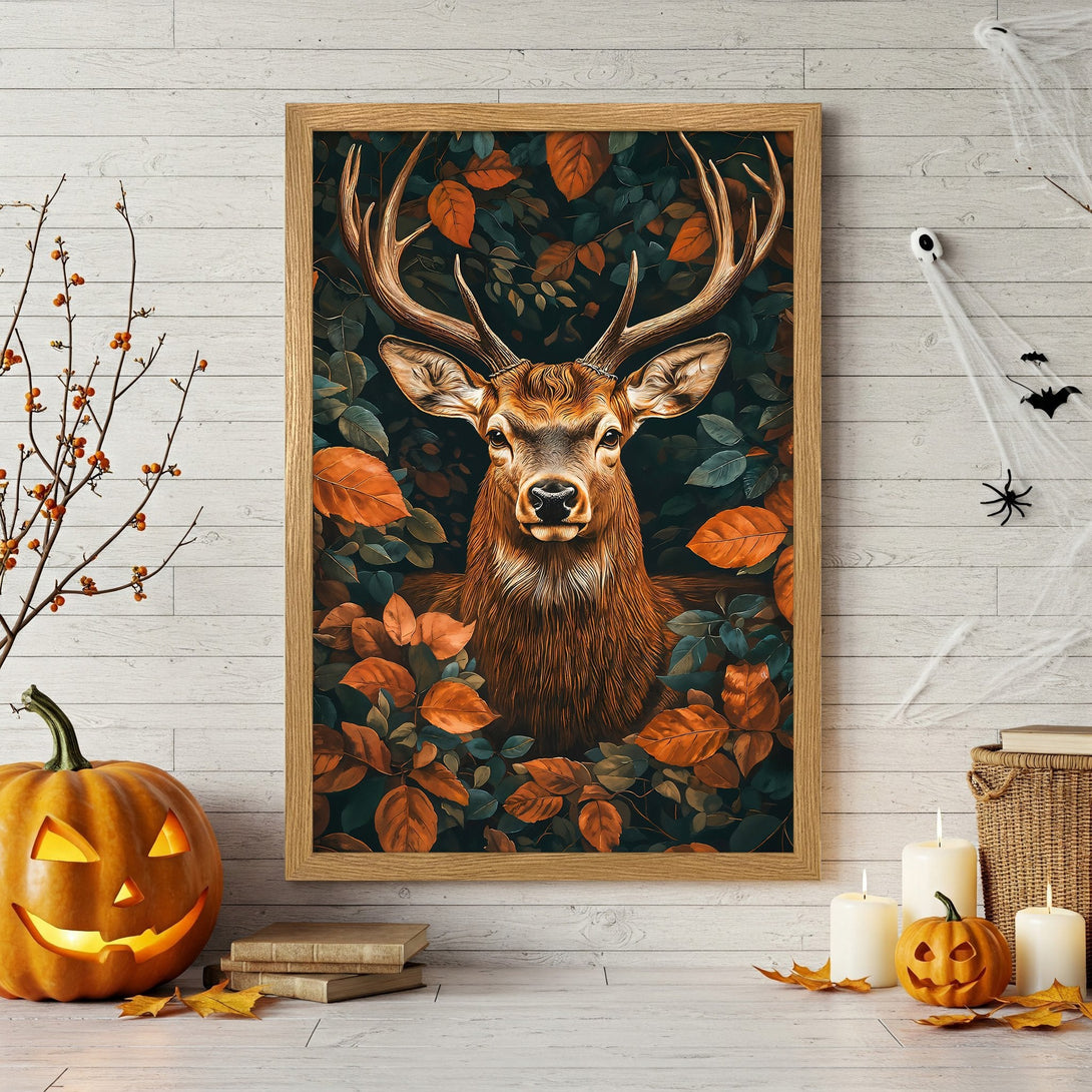 Framed Poster featuring a majestic deer in autumn foliage. Warm, earthy tones create a cozy, nature-inspired aesthetic. Perfect wall art!