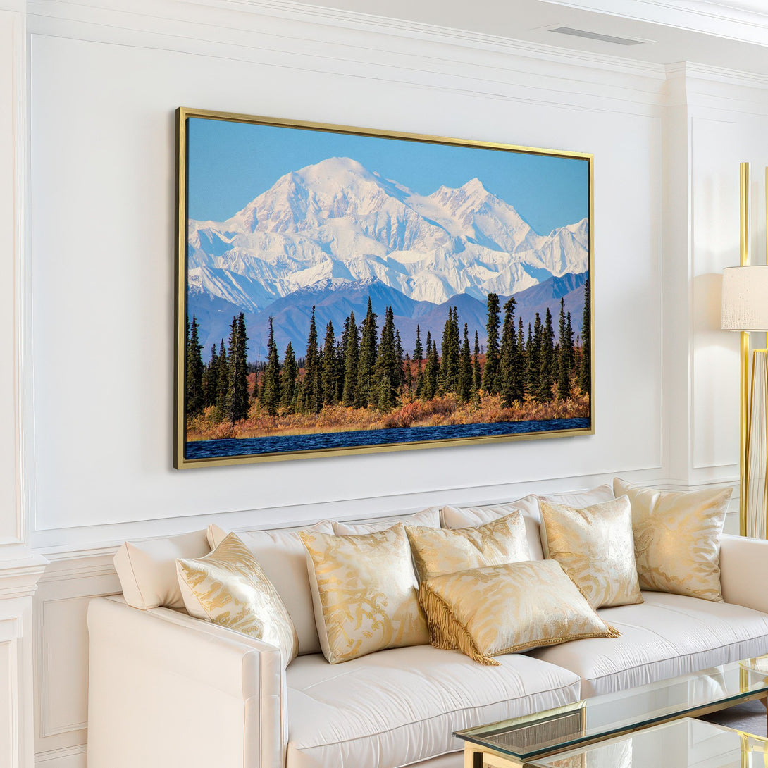 Canvas Print of a majestic mountain landscape. Features a cool blue and green color palette, perfect for adding a touch of nature to your home.