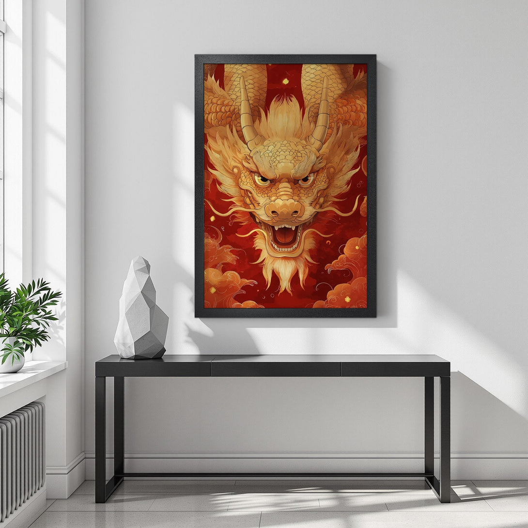 Framed Poster featuring a golden dragon artwork. Stunning red and gold color palette, perfect for adding a touch of Asian art to your home decor.