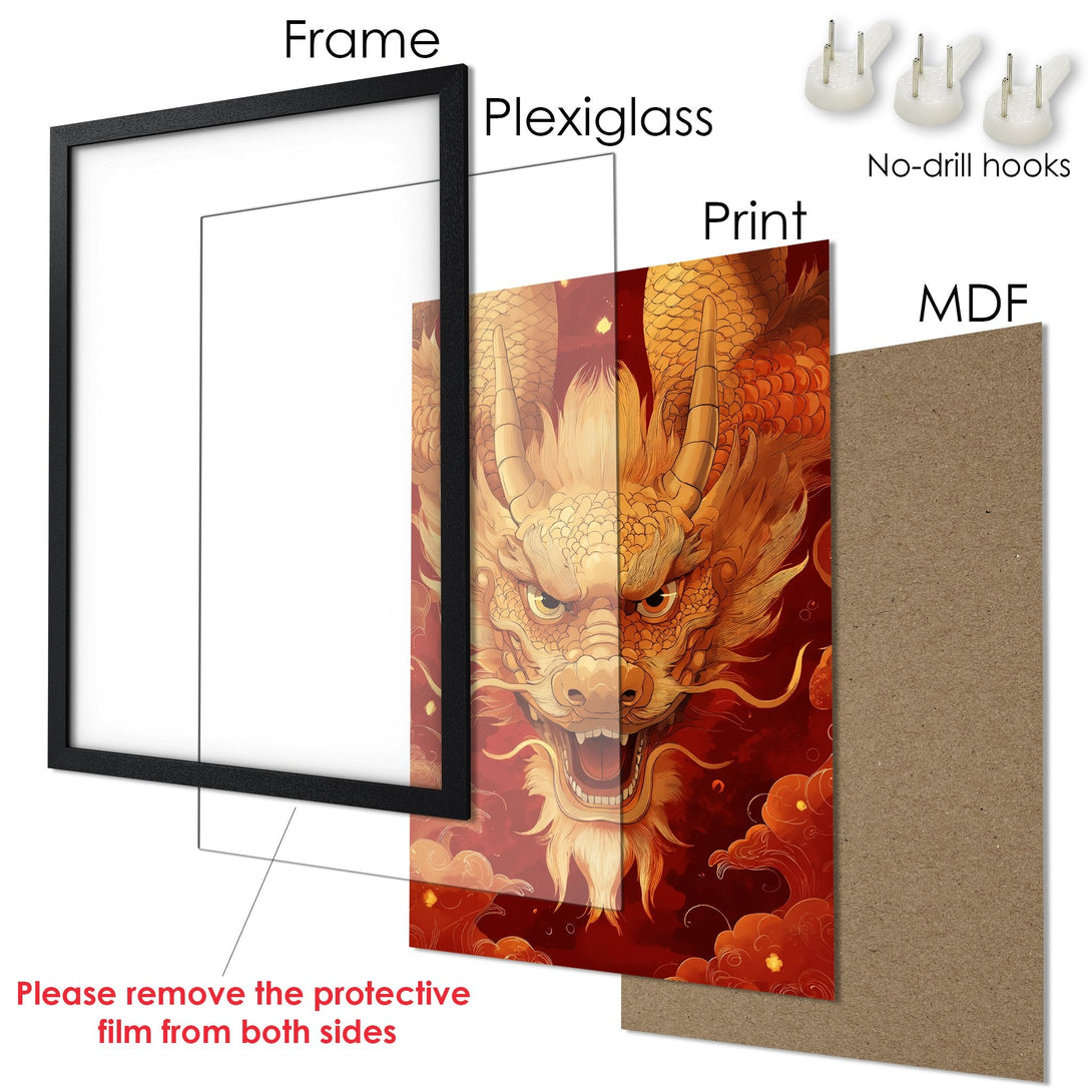 Framed Poster featuring a detailed golden dragon illustration, with a red and orange color palette.
