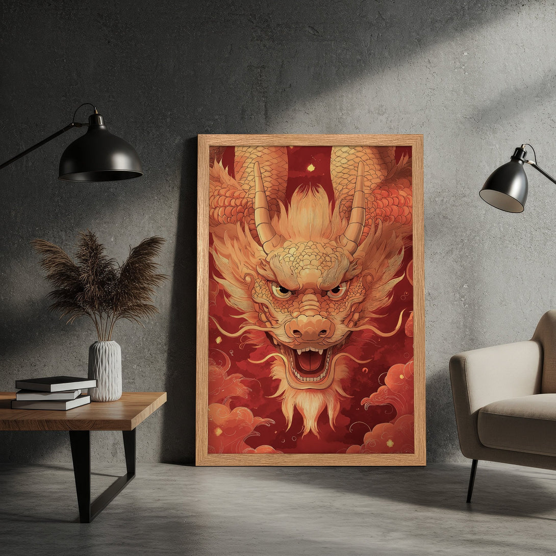 Framed Poster featuring a detailed dragon illustration in a vibrant red and gold color palette, perfect wall art.