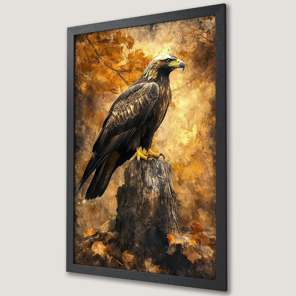 Framed Poster featuring a majestic eagle perched on a stump, watercolor style, warm gold and brown tones. Perfect wall art!