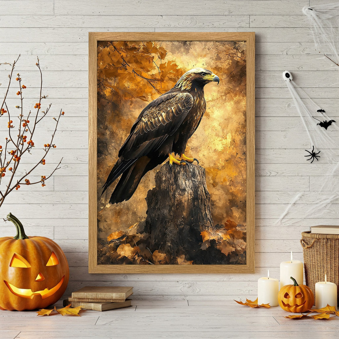 Framed Poster featuring a majestic eagle perched on a stump, warm autumn tones, perfect for fall decor.