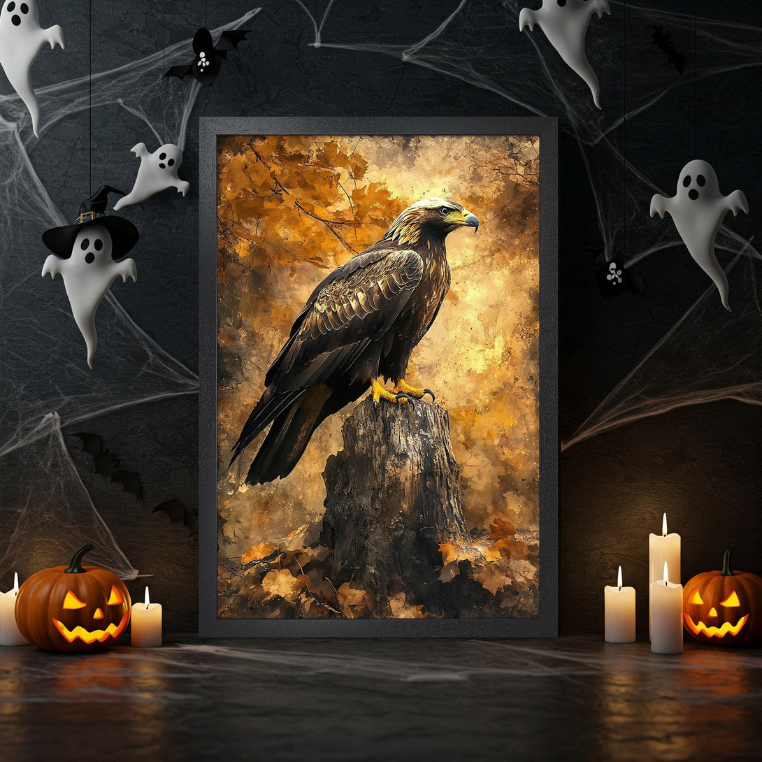 Framed Poster featuring a majestic eagle, watercolor style, with a warm gold and brown color palette. Perfect for Halloween decor!