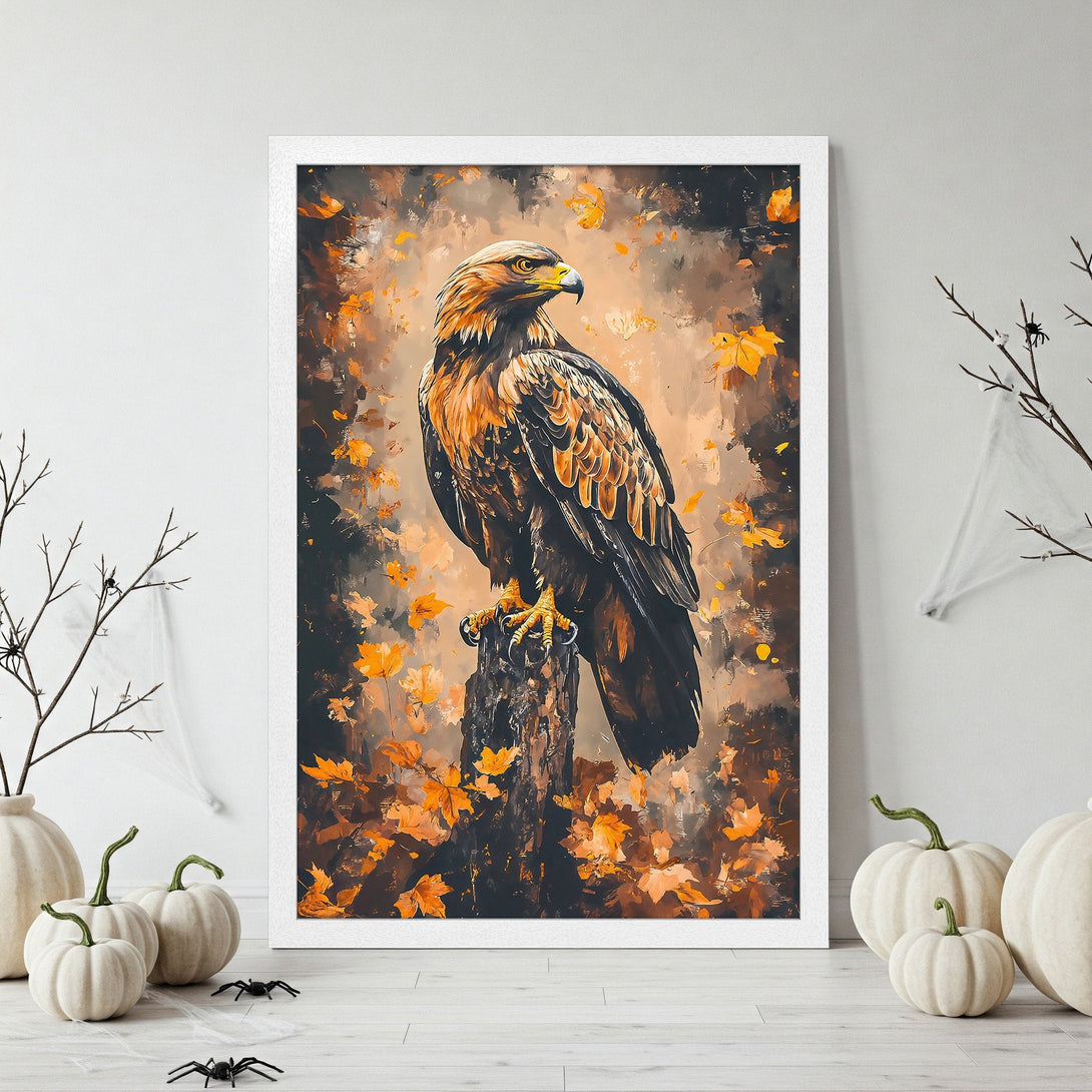 Framed Poster featuring an eagle perched on a tree stump, with an autumnal color palette and impressionistic style. Perfect wall art!